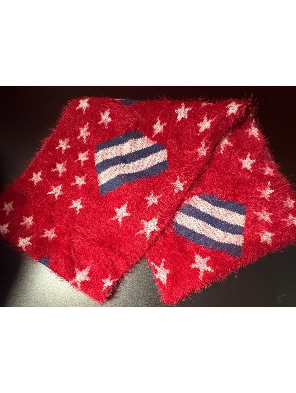 Red Fuzzy Star and Stripe Pattern Scarf